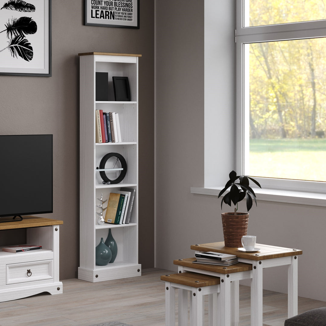 Corona White Low Narrow Bookcase White Wax Antique Waxed Pine (DHD) Image 2