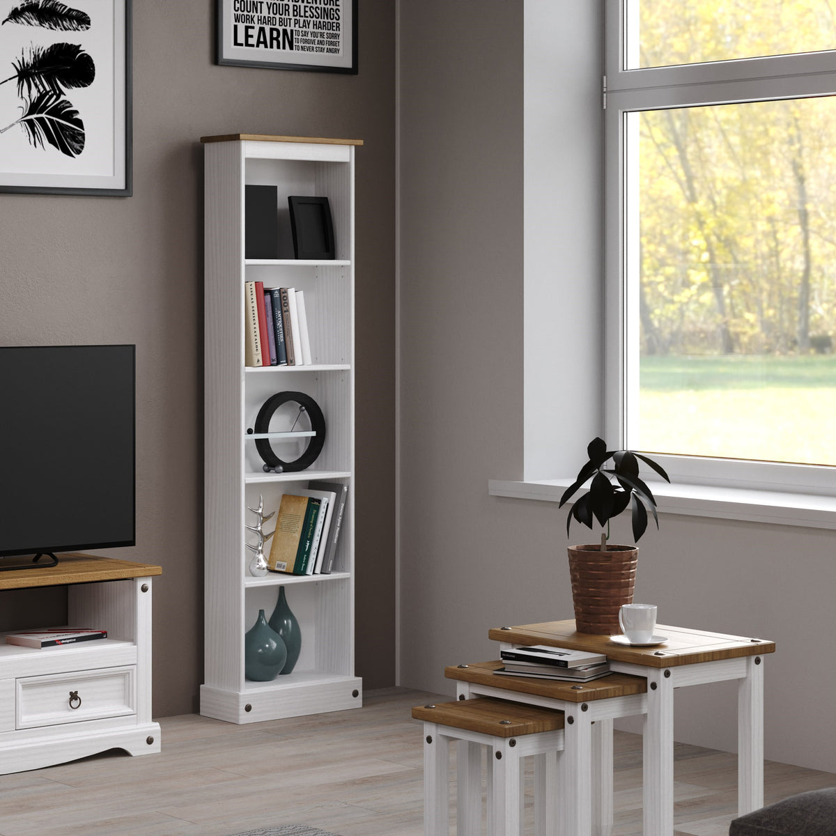 Corona White Low Narrow Bookcase White Wax Antique Waxed Pine (DHD) Image 2