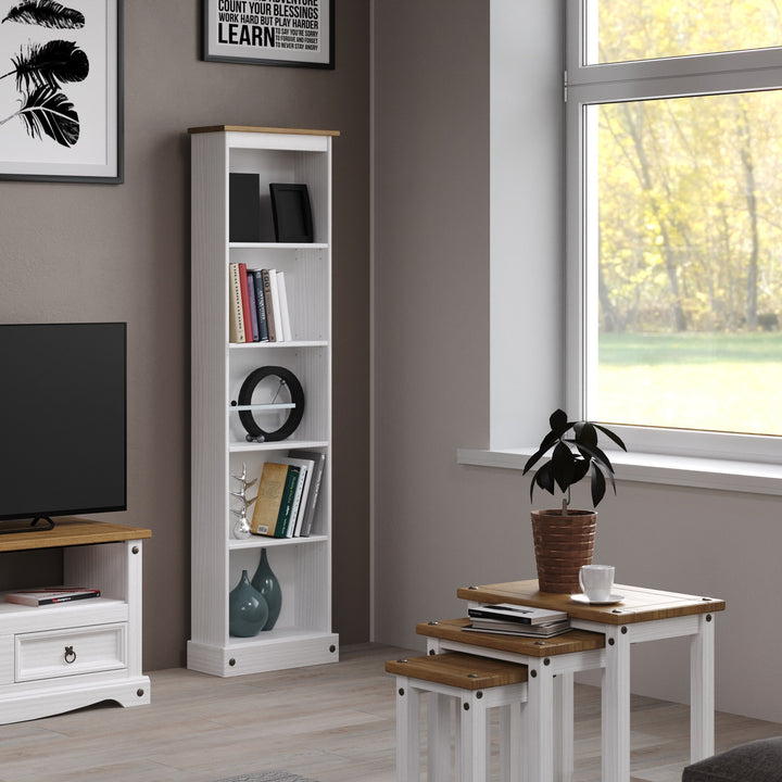 Corona White Low Narrow Bookcase White Wax Antique Waxed Pine (DHD) Image 2