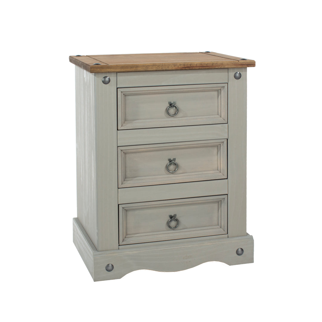 Corona Grey 3 Drawer Bedside Cabinet  Grey Wax Antique Waxed Pine (DHD) Image 3