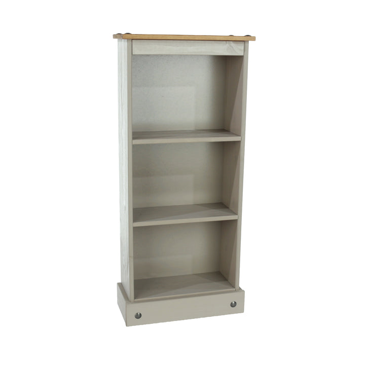 Corona Grey Low Narrow Bookcase Grey Wax Antique Waxed Pine (DHD) Image 3