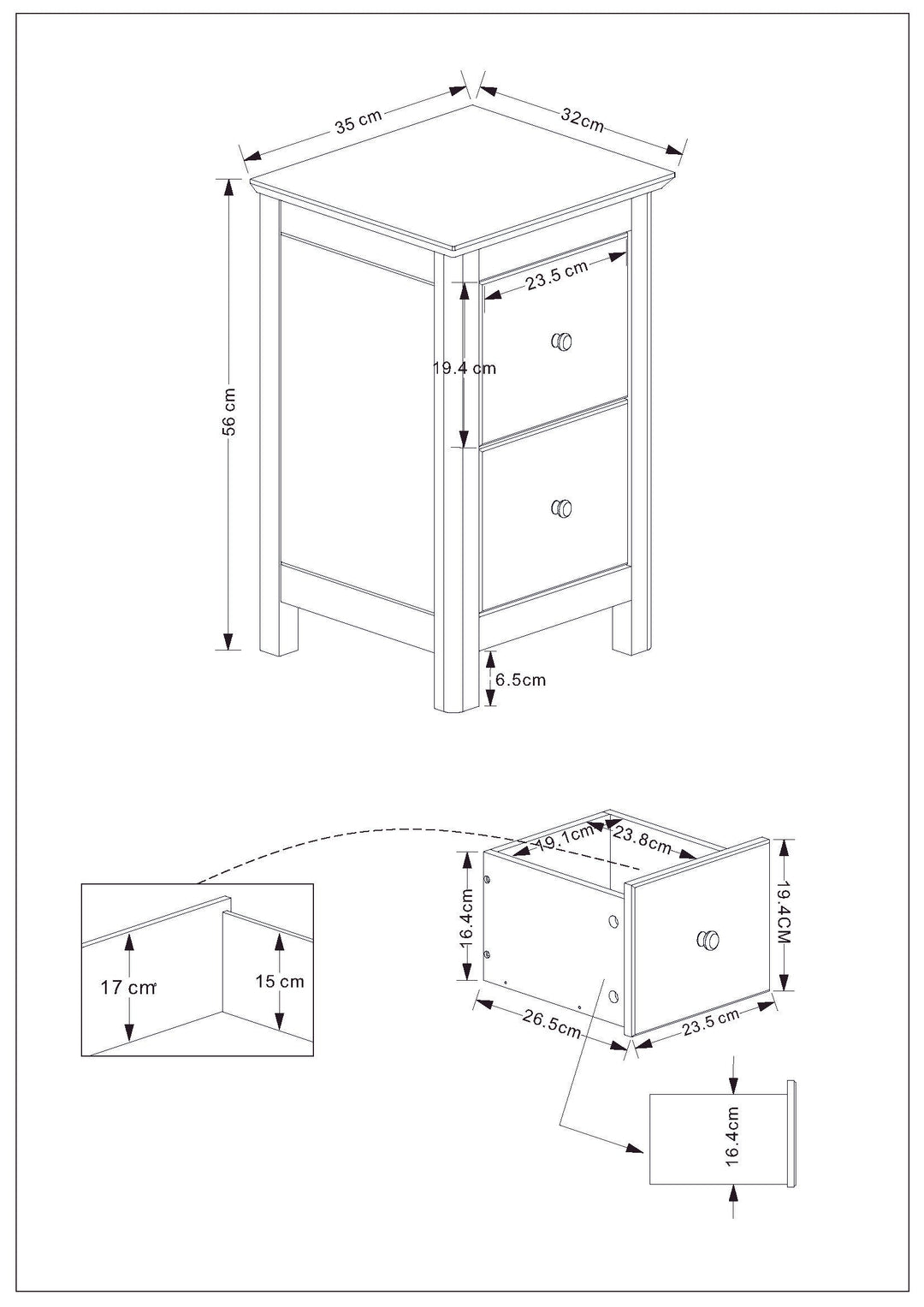 Nairn White 2 Drawer Petite Bedside Cabinet White  (Self Assembly) (DHD)