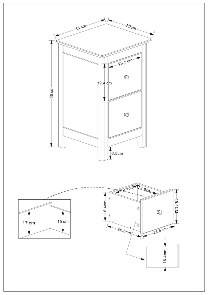 Nairn White 2 Drawer Petite Bedside Cabinet White  (Self Assembly) (DHD)
