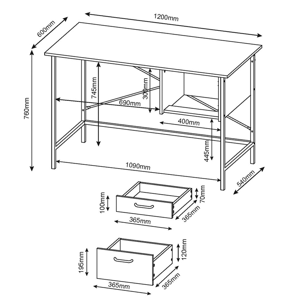 Loft Home Office 2 Drawer Desk With Oak Effect And Grey Metal Legs Oak Black (DHD) Image 2