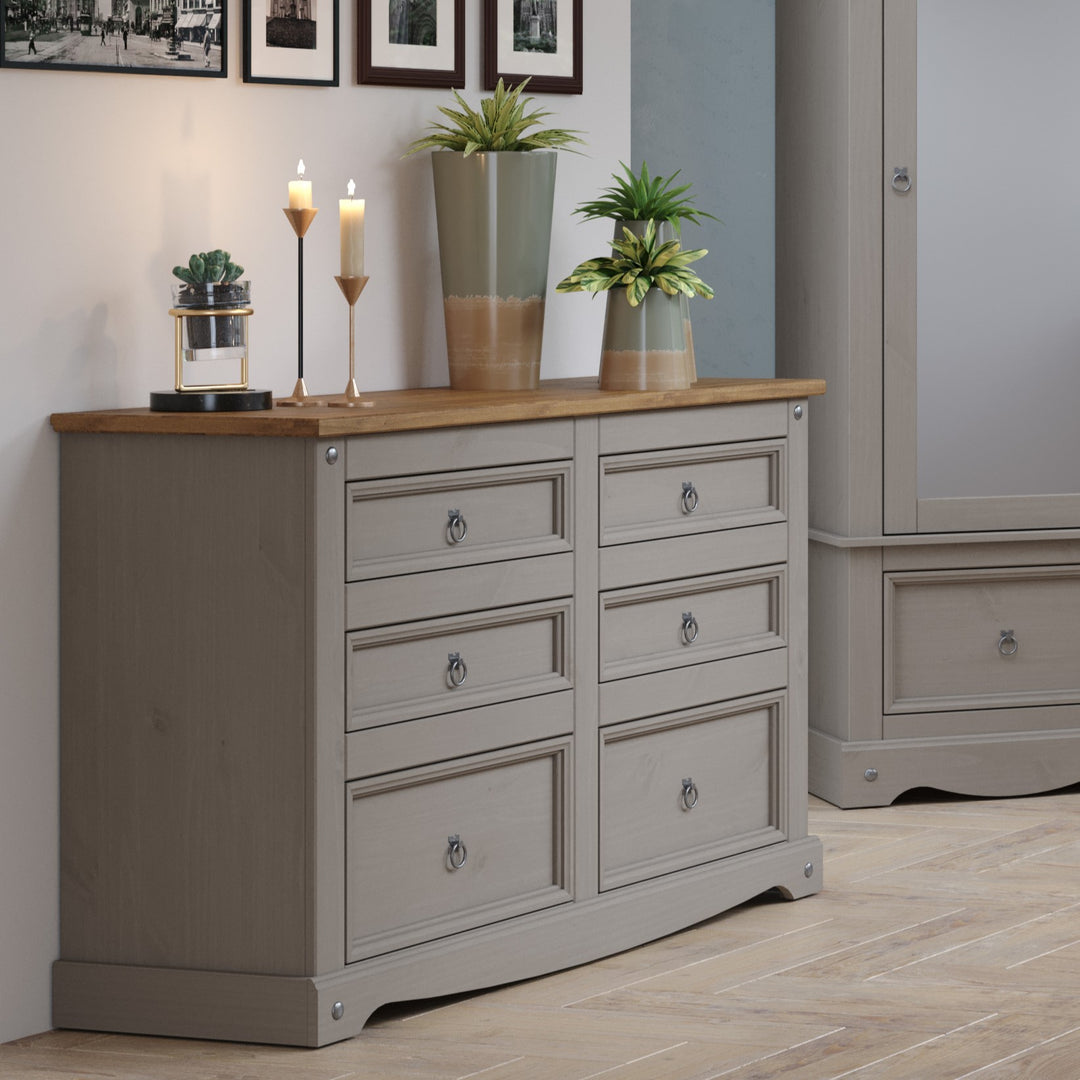 Corona Grey 3+3 Drawer Wide Chest  Grey Wax Antique Waxed Pine (DHD) Image 5