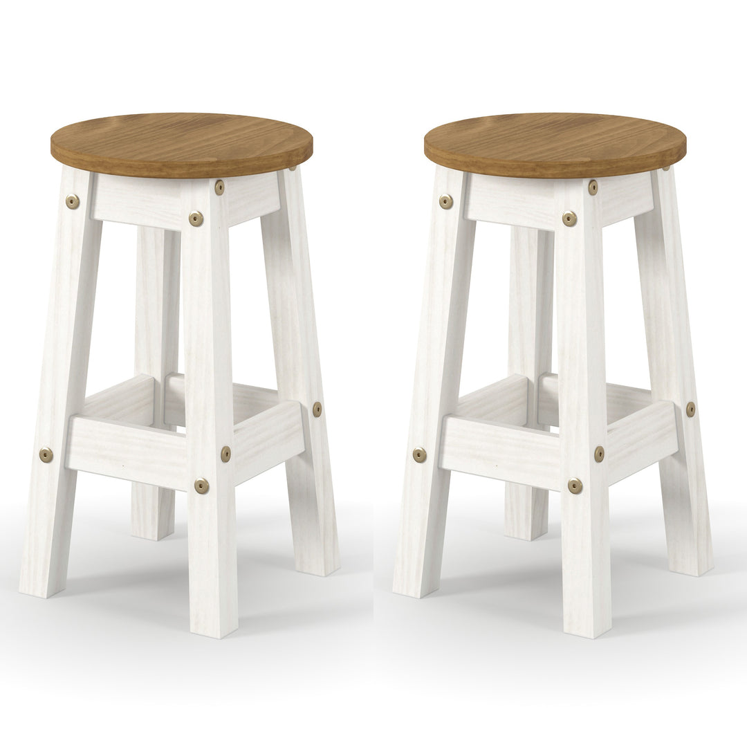 Corona White Low Breakfast Stools (Pair)  White Antique Waxed Pine (DHD) Image 2