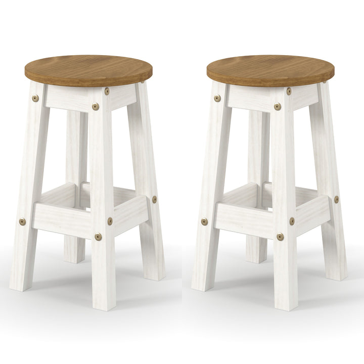 Corona White Low Breakfast Stools (Pair)  White Antique Waxed Pine (DHD) Image 2