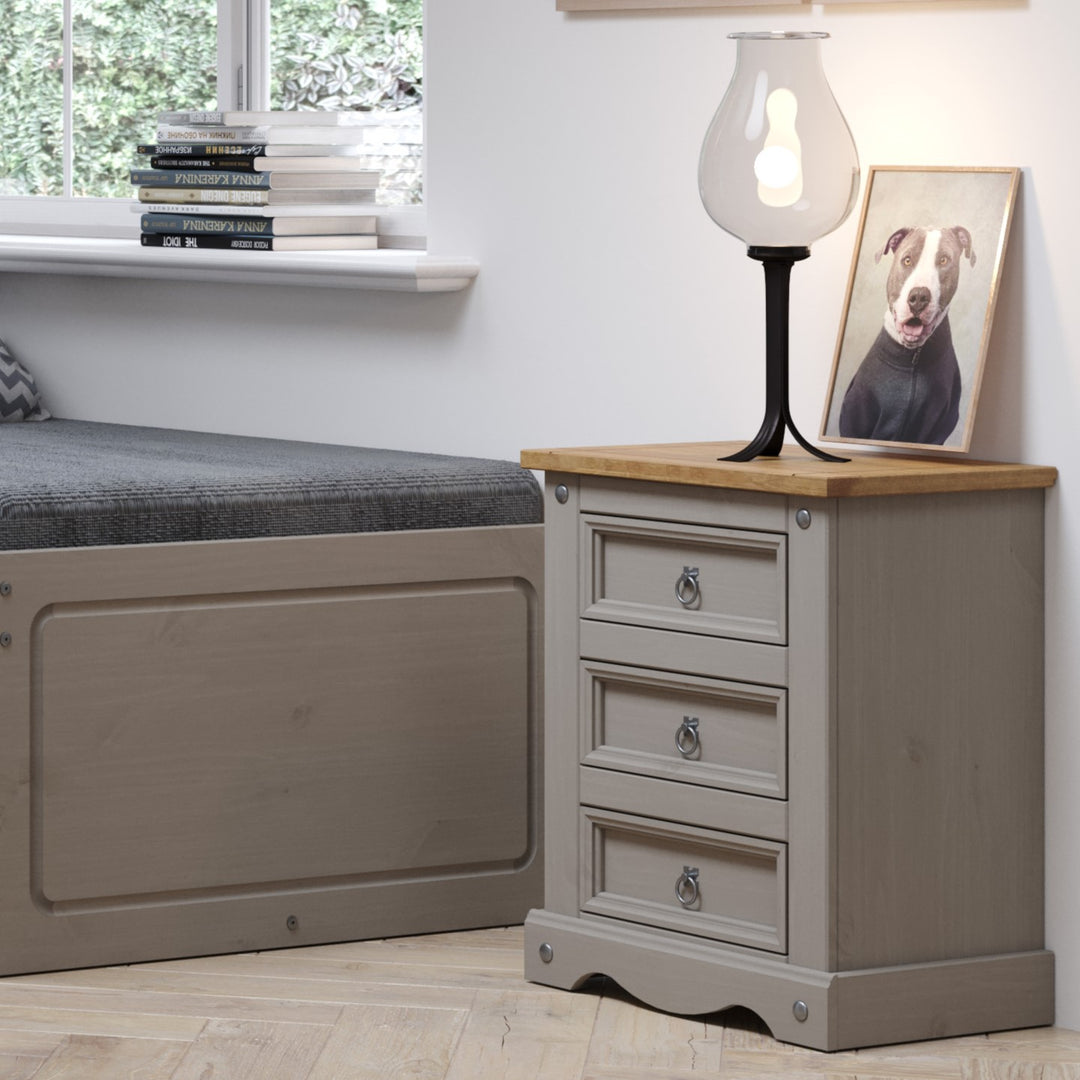 Corona Grey 3 Drawer Bedside Cabinet  Grey Wax Antique Waxed Pine (DHD) Image 5