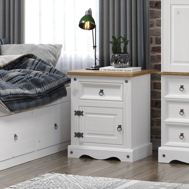 Corona White 1 Door, 1 Drawer Bedside Cabinet  White Wax Antique Waxed Pine (DHD) Image 6