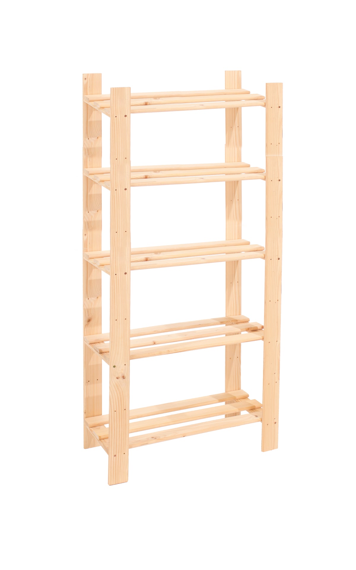 Narrow 5 shelf slatted natural wood storage unit