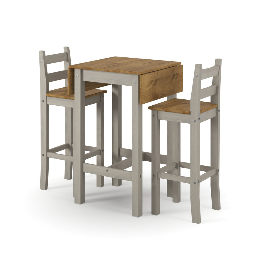 Corona Grey Square High Breakfast Bar Drop Leaf Table And Bar Chair Set Grey Antique Waxed Pine (DHD) Image 1