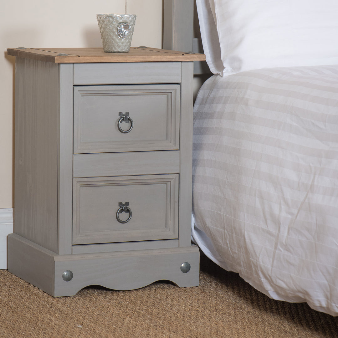 Corona Grey 2 Drawer Petite Bedside Cabinet Grey Wax Antique Waxed Pine (DHD) Image 5