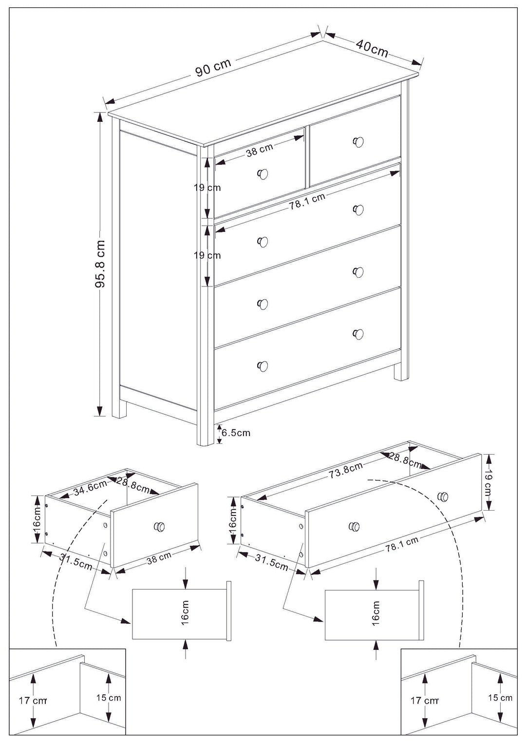 Nairn White 2+3 Drawer Chest Of Drawers White  (Self Assembly) (DHD)