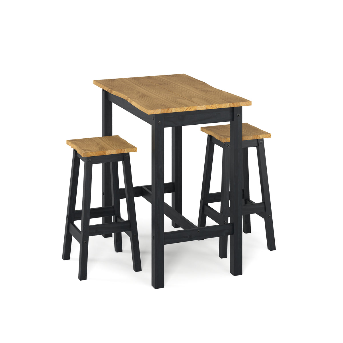 Corona Black Live Edge Large Rectangular High Breakfast Bar Table & Pair Bar Stool Set Black Antique Waxed Pine (DHD) Image 1