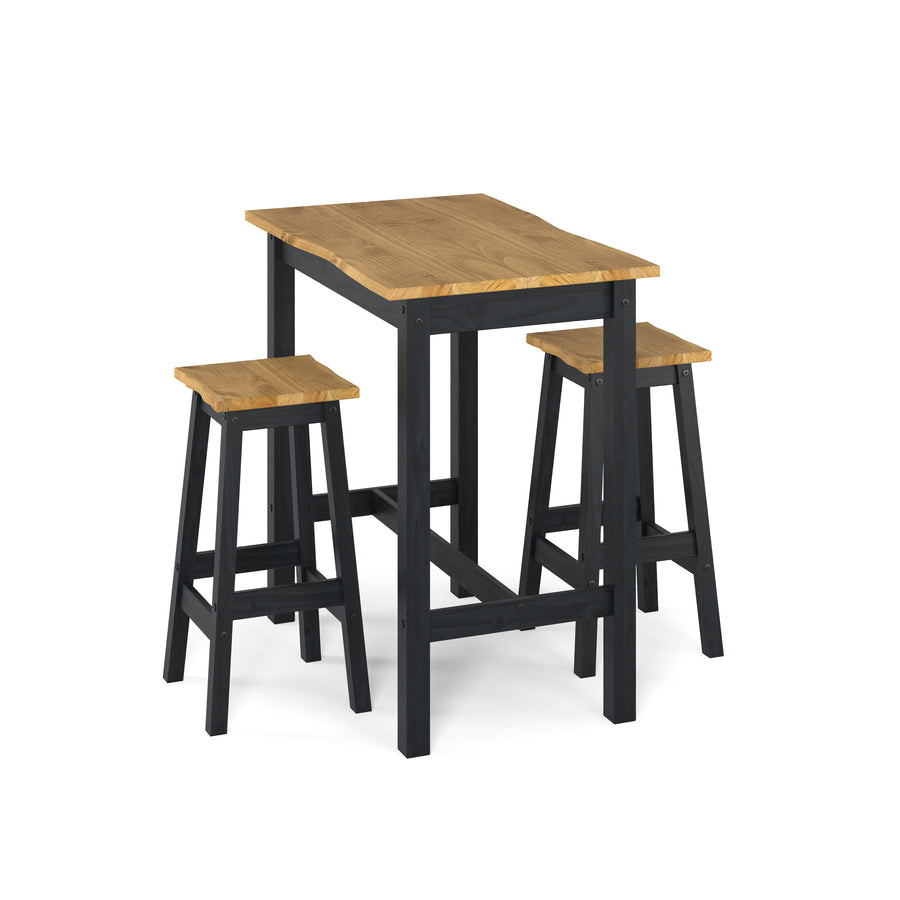 Corona Black Live Edge Large Rectangular High Breakfast Bar Table & Pair Bar Stool Set Black Antique Waxed Pine (DHD) Image 1