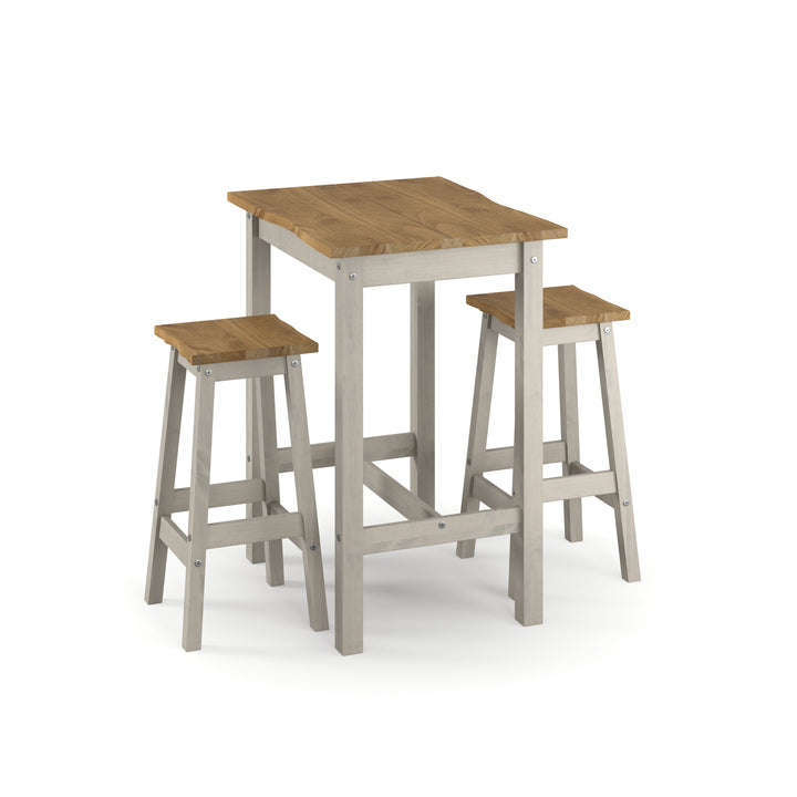 Corona Grey Live Edge Small Rectangular High Breakfast Bar Table & 2 Bar Stool Set Grey Antique Waxed Pine (DHD) Image 1