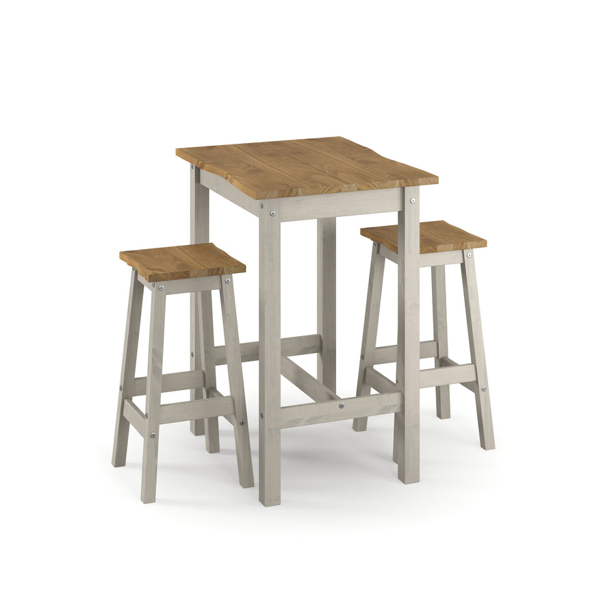 Corona Grey Live Edge Small Rectangular High Breakfast Bar Table & 2 Bar Stool Set Grey Antique Waxed Pine (DHD) Image 1