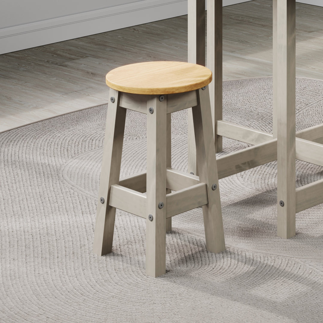 Corona Grey Low Round Breakfast Stools (Pair)  Grey Antique Waxed Pine (DHD) Image 3