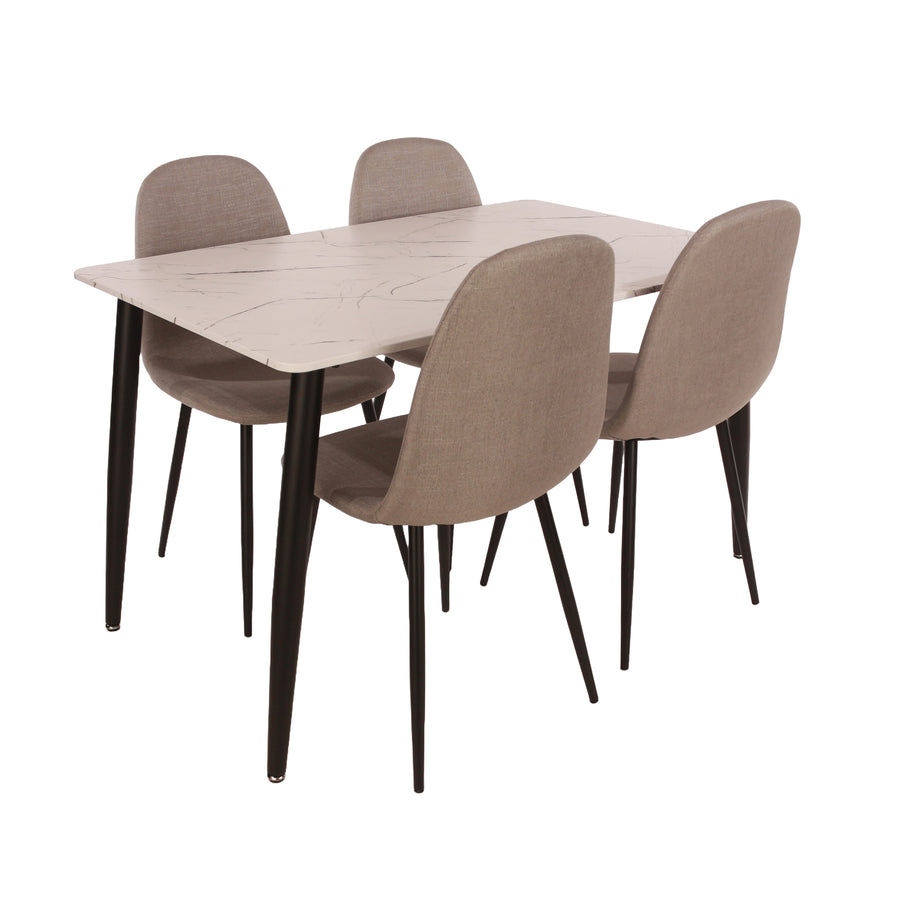 Aspen Rectangular Dining Table, White Marble Effect Foiled Top And 4 X Upholstered Chair Set  White Grey (DHD) Image 1