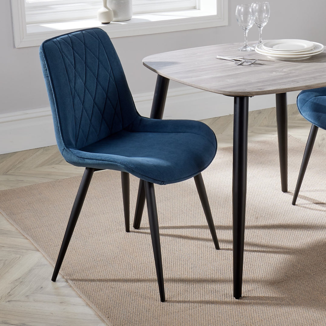 Aspen Diamond Stitch Blue Cord Fabric Dining Chair, Black Tapered Legs (Pair) Blue Black (DHD) Image 5