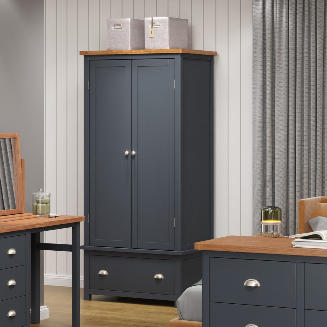 Dunkeld 2 Door, 1 Drawer Wardrobe Midnight Blue Antique Oak Effect Wax (DHD) Image 5