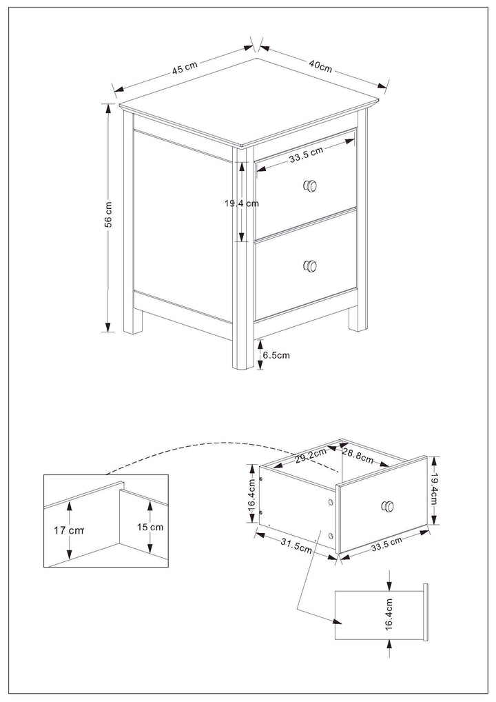 Nairn White 2 Drawer Bedside Cabinet White  (Self Assembly) (DHD)