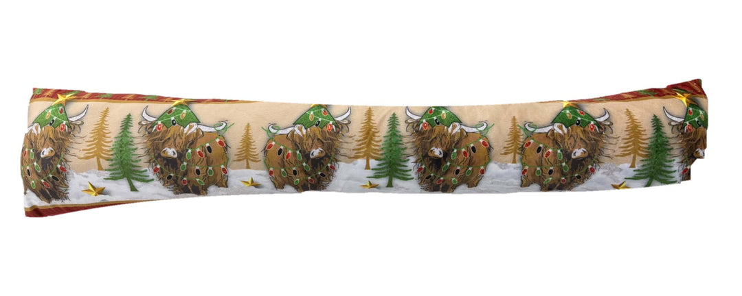 Fabric Printed Draught Excluder Xmas Highland Cows with Stars