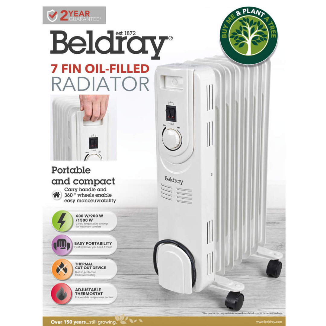 Beldray 7 Fin Oil-Filled Electric Heater with Wheels and Adjustable Thermostat 600/900/1200W