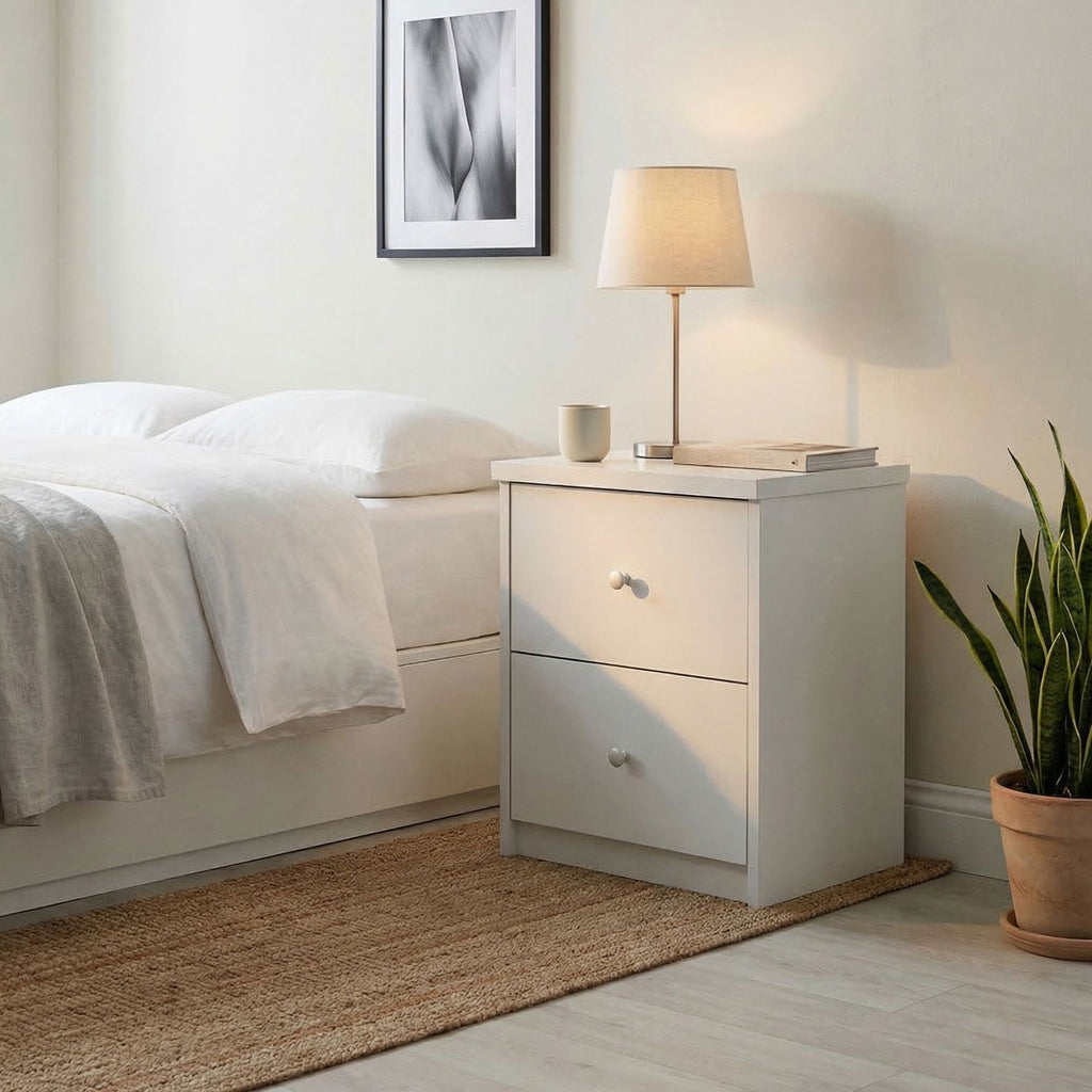 Erin - 2 Drawer Bedside Cabinet, White Foil Finish (Self Assembly) (DHD) Image 1