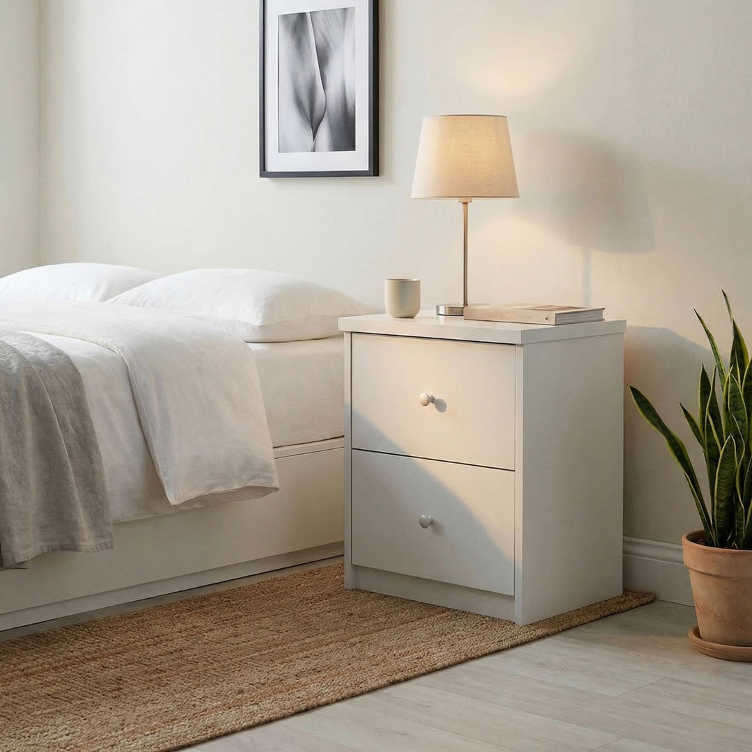 Erin - 2 Drawer Bedside Cabinet, White Foil Finish (Self Assembly) (DHD) Image 1