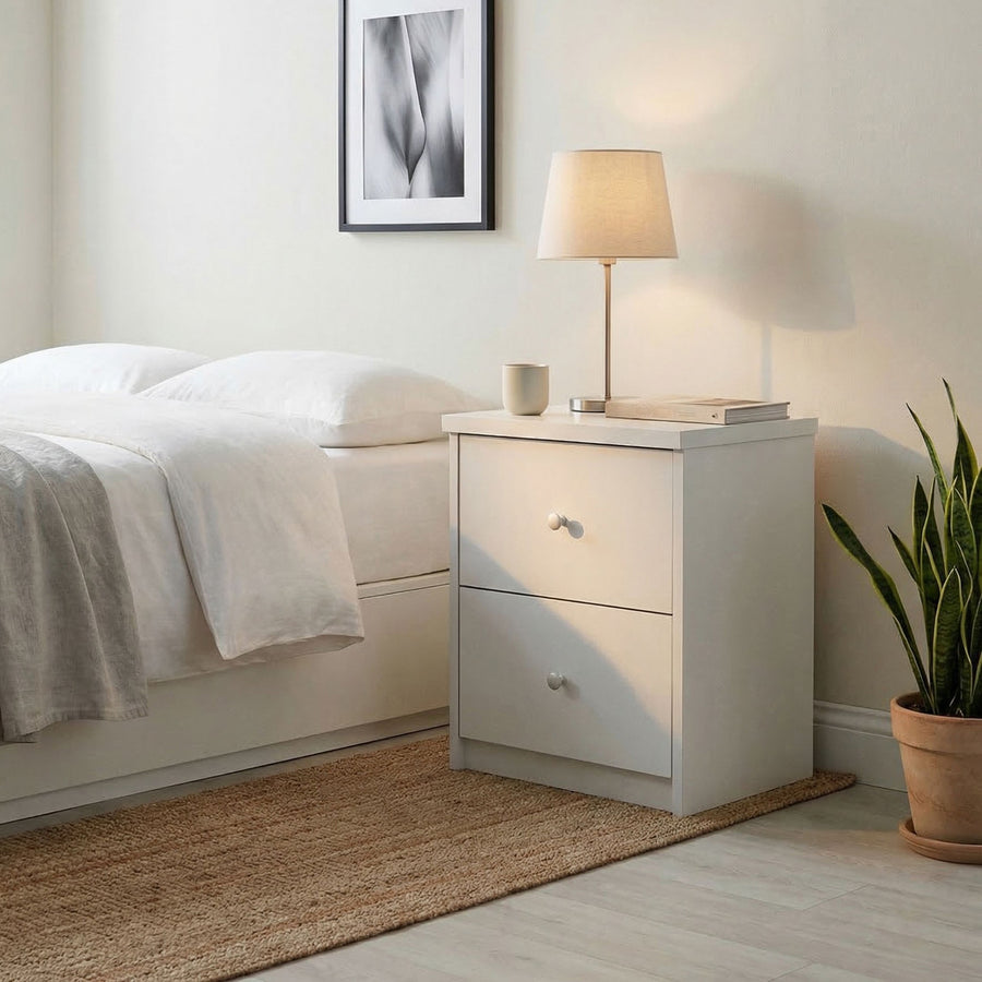 Erin - 2 Drawer Bedside Cabinet, White Foil Finish (Self Assembly) (DHD) Image 1
