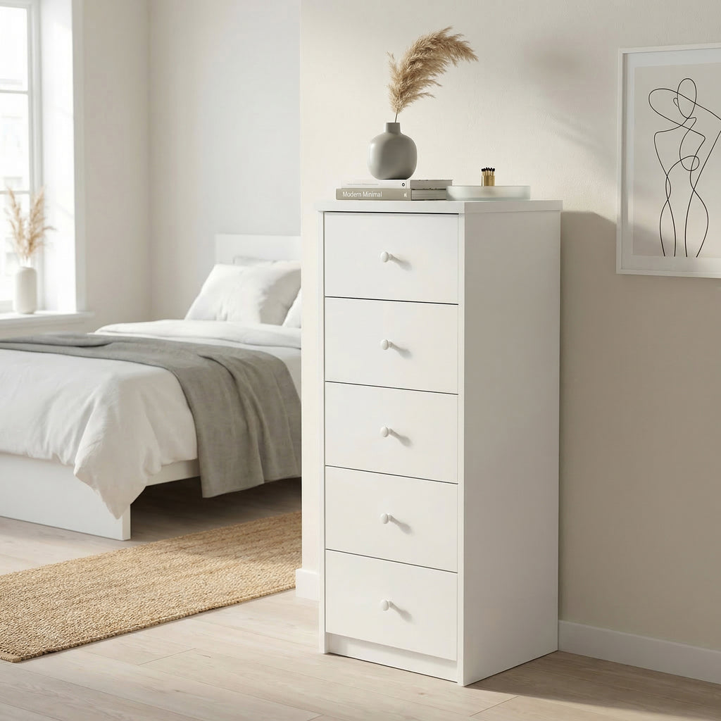 Erin - 5 Drawer Narrow Chest Of Drawers, White Foil Finish (Self Assembly) (DHD) Image 1