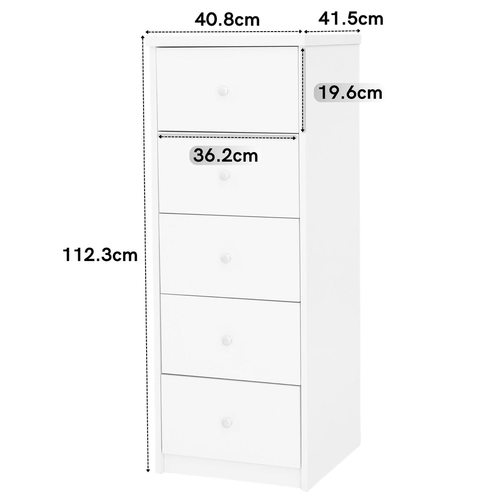 Erin - 5 Drawer Narrow Chest Of Drawers, White Foil Finish (Self Assembly) (DHD) Image 2