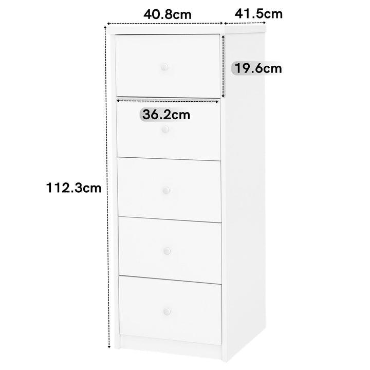 Erin - 5 Drawer Narrow Chest Of Drawers, White Foil Finish (Self Assembly) (DHD) Image 2