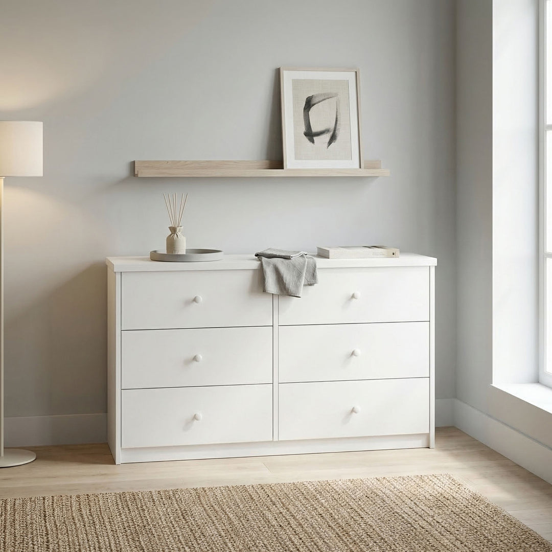 Erin - 6 Drawer (3+3) Wide Chest Of Drawers, White Foil Finish (Self Assembly) (DHD) Image 1