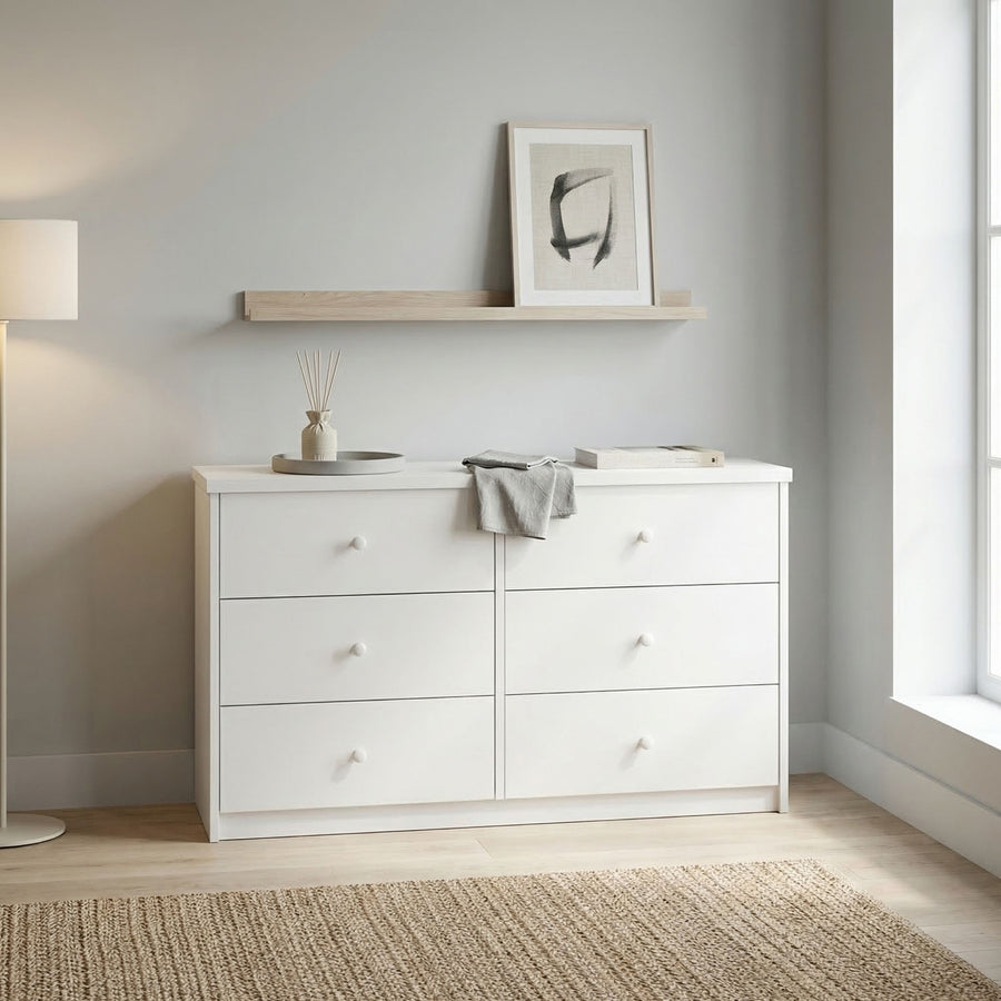 Erin - 6 Drawer (3+3) Wide Chest Of Drawers, White Foil Finish (Self Assembly) (DHD) Image 1