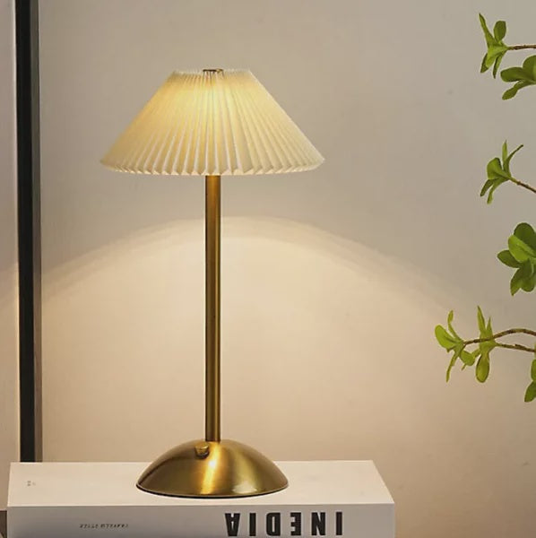 6W Rechargeable LED Table Lamp, Pleated Lamp Shade, 3 Colour Changing Dimmable, Brass