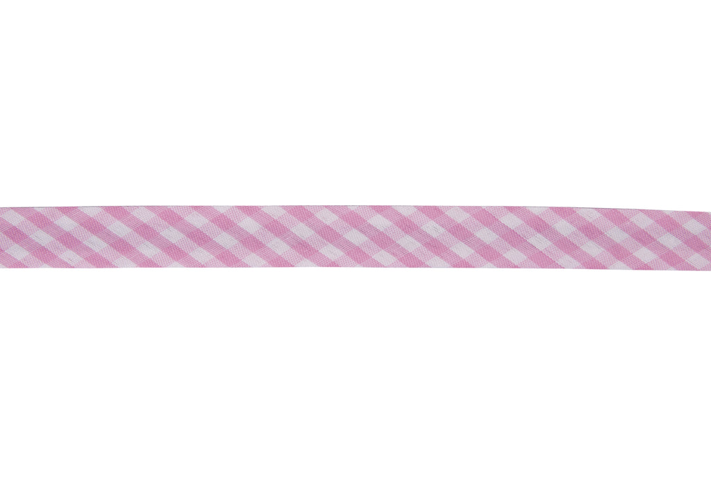 Trim: Bias Binding: Polycotton: Gingham: 15mm: Pink Sold By The Metre