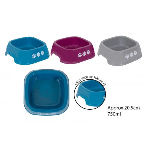 Square plastic pet bowl with paw print design