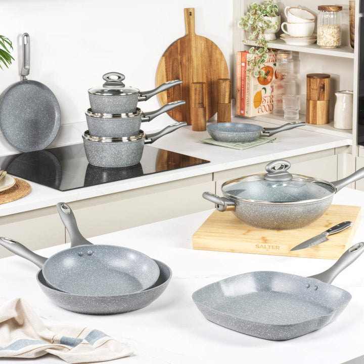 Salter Marblestone 3 Piece Saucepan Set – Non-Stick with Tempered Glass Lids