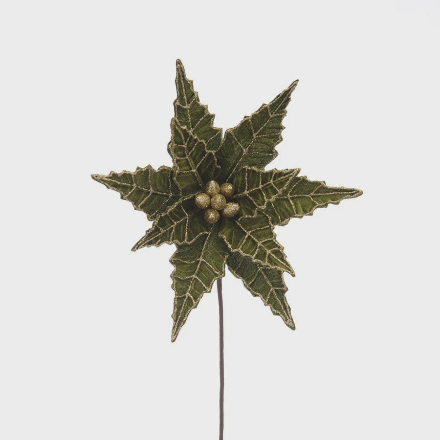 50cm Gold Glitter Poinsettia Stem Green