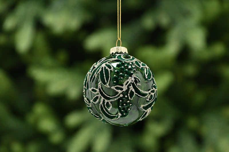 8cm Green Glass Ball - Flocked Petals