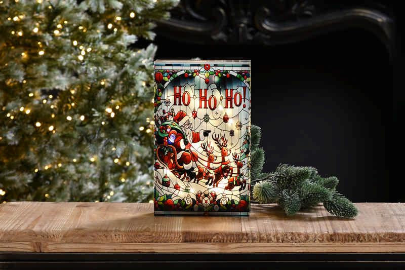 21cm Battery Operated Lit Stained Glass Santa Sleigh Decoration
