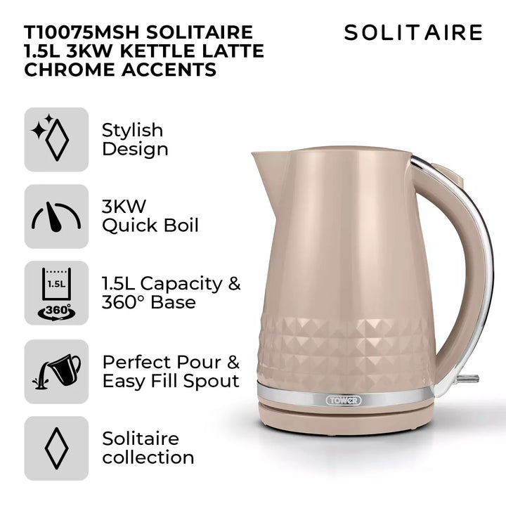 Tower Solitaire 1.5L 3KW Kettle Latte Chrome Accents T10075SMSH