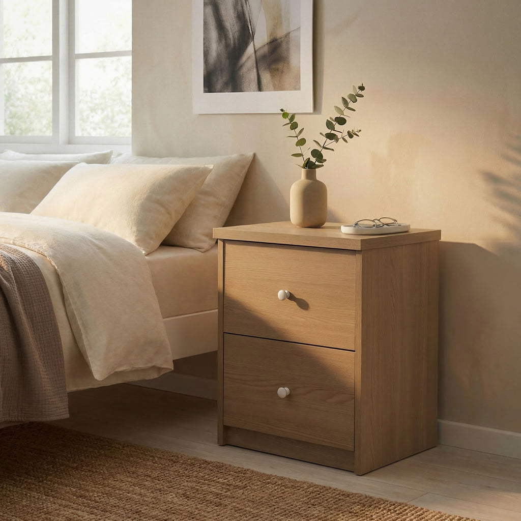 Freya - 2 Drawer Bedside Cabinet, Oak Foil Finish (Self Assembly) (DHD) Image 1