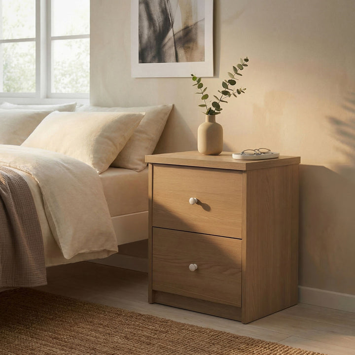Freya - 2 Drawer Bedside Cabinet, Oak Foil Finish (Self Assembly) (DHD) Image 1