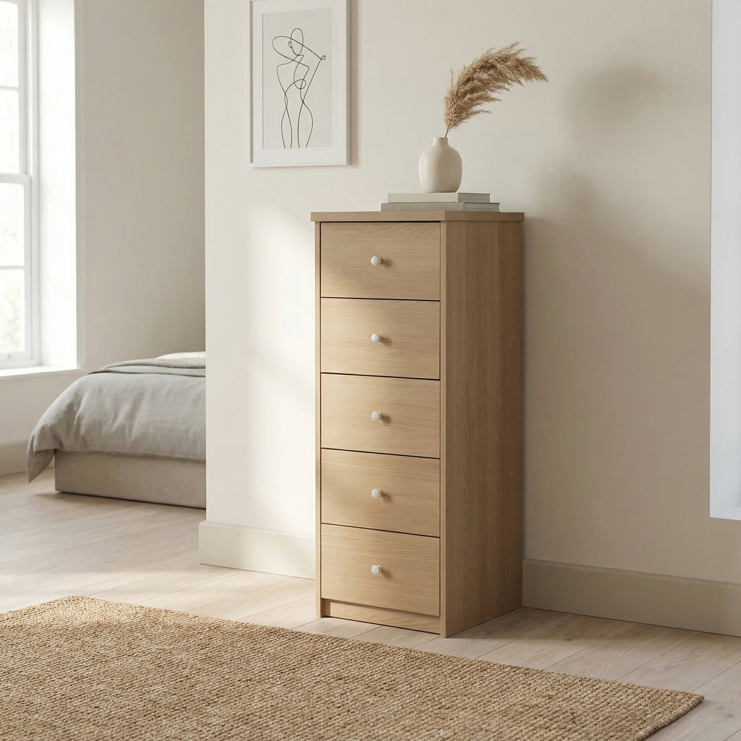 Freya - 5 Drawer Narrow Chest Of Drawers, Oak Foil Finish (Self Assembly) (DHD) Image 1
