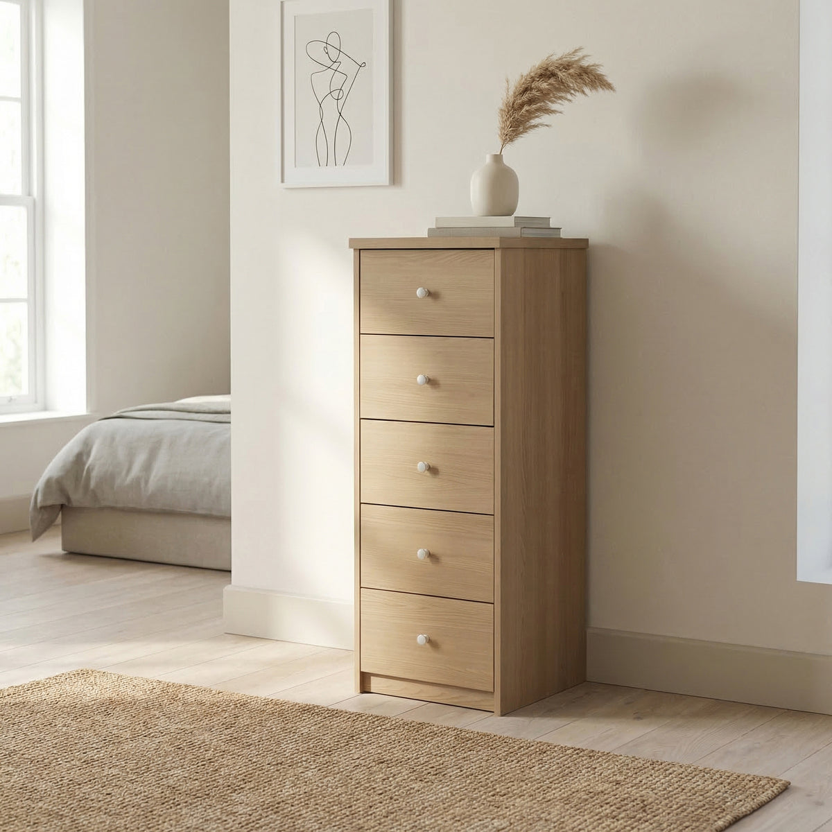 Freya - 5 Drawer Narrow Chest Of Drawers, Oak Foil Finish (Self Assembly) (DHD) Image 1
