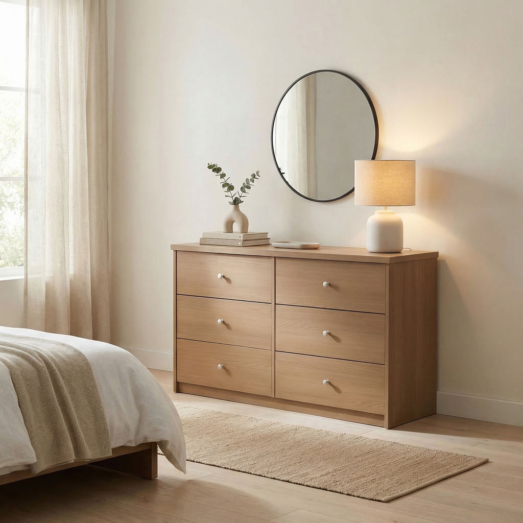Freya - 6 Drawer (3+3) Wide Chest Of Drawers, Oak Foil Finish (Self Assembly) (DHD) Image 1
