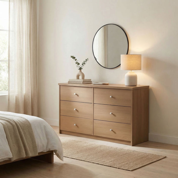 Freya - 6 Drawer (3+3) Wide Chest Of Drawers, Oak Foil Finish (Self Assembly) (DHD) Image 1